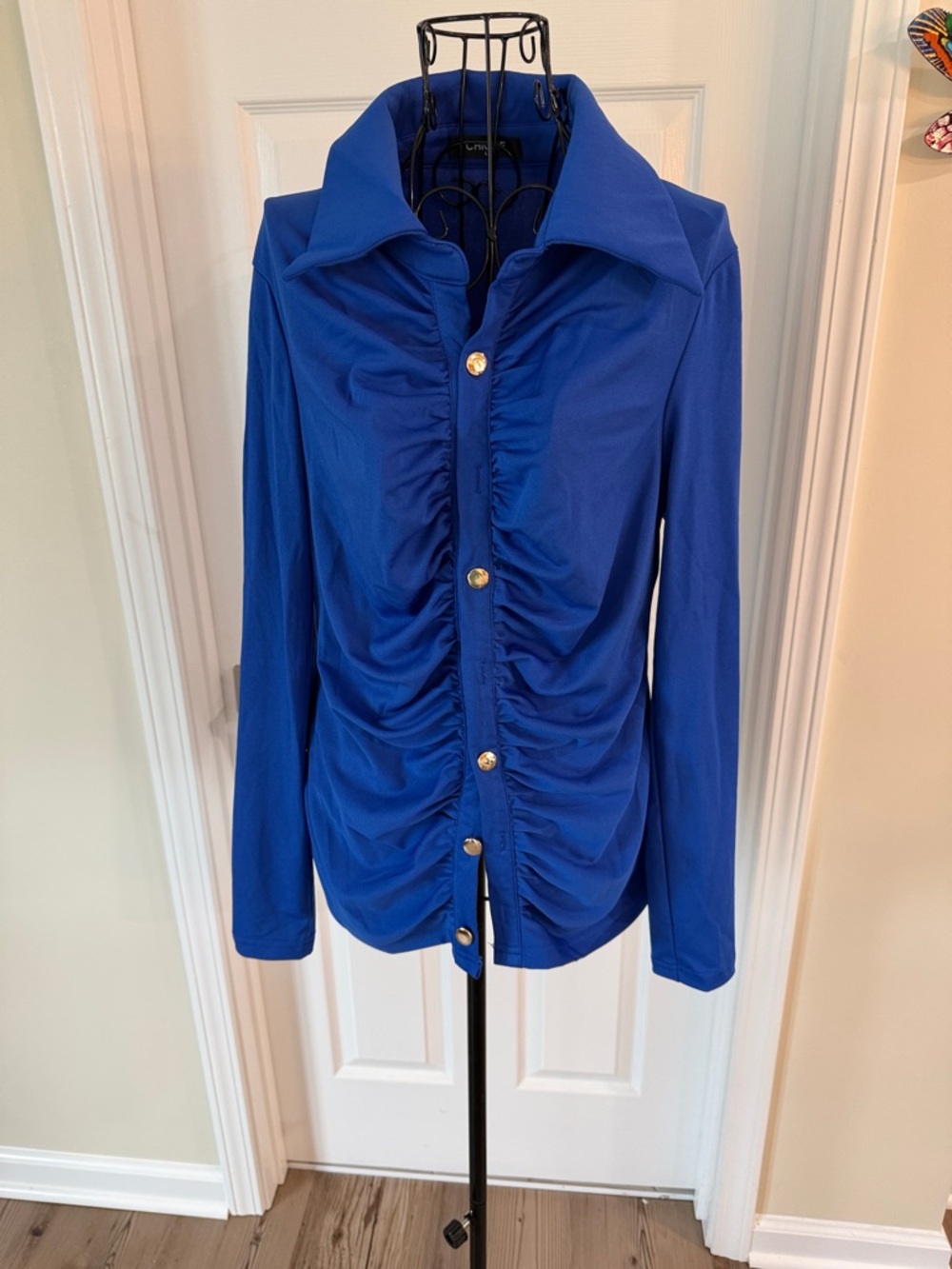 Women’s Royal Blue Ruched Button-Down Shirt with Gold Buttons